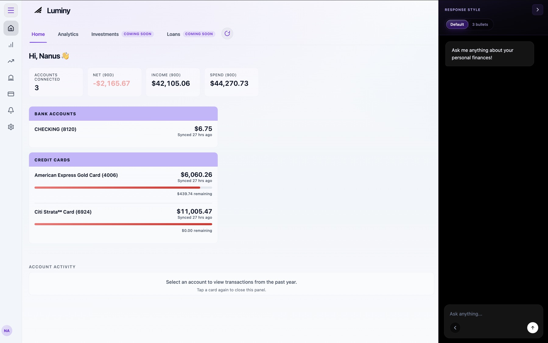 Luminy dashboard showing accounts, spending, and financial insights