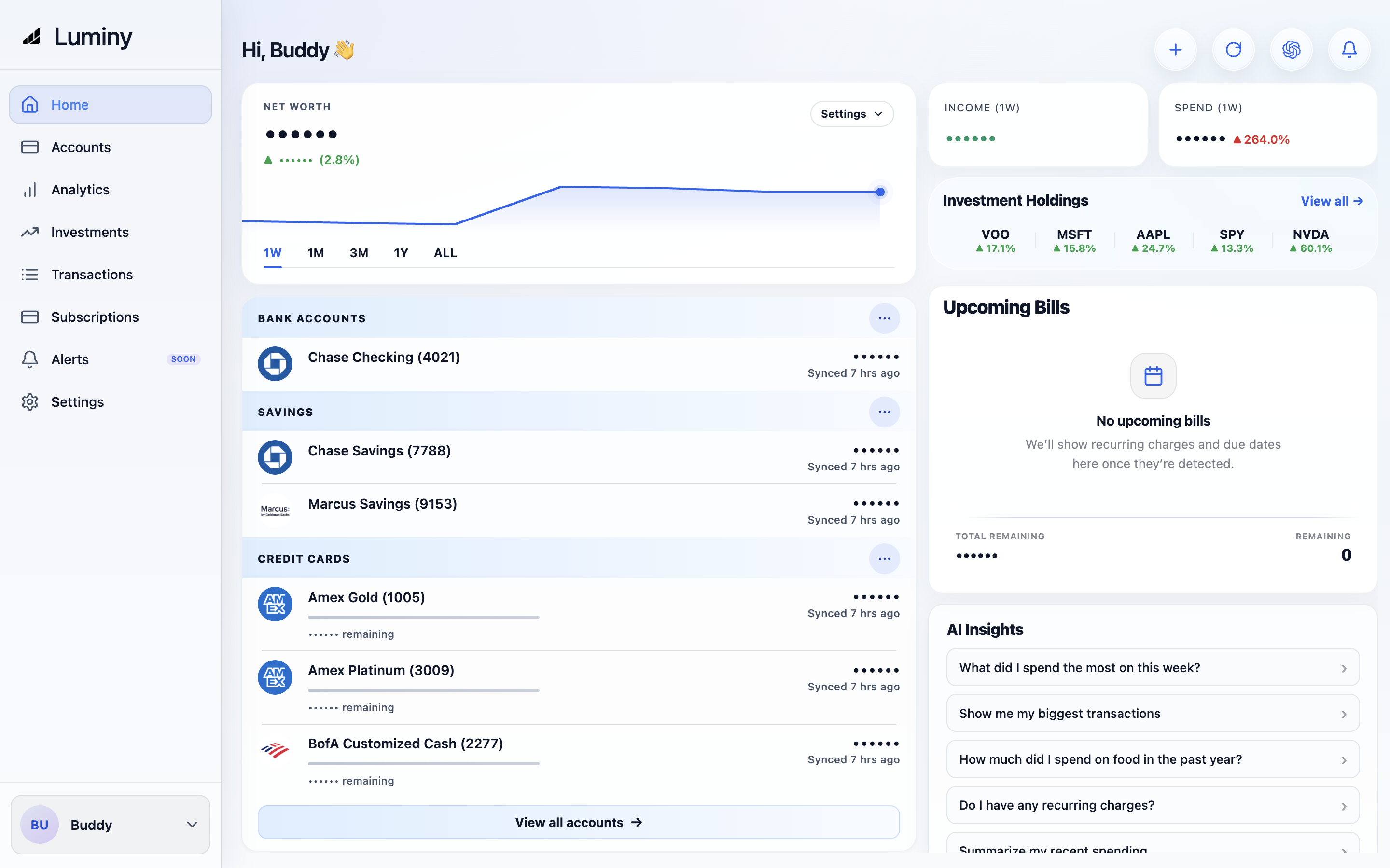 Luminy dashboard showing accounts, spending, and financial insights